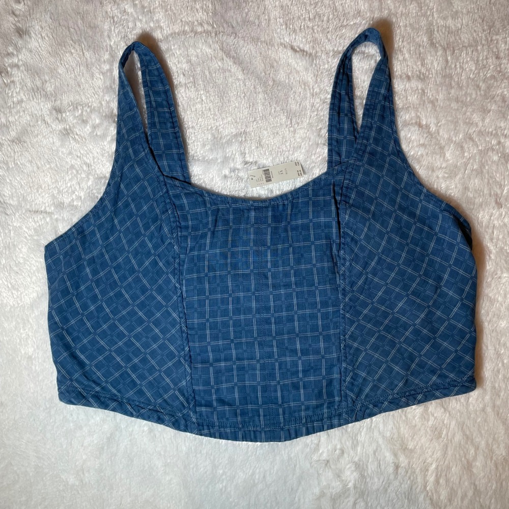 Pilcro Anthropologie Blue Grid Print Smocked Corset Crop Top Plus Size 3X NEW